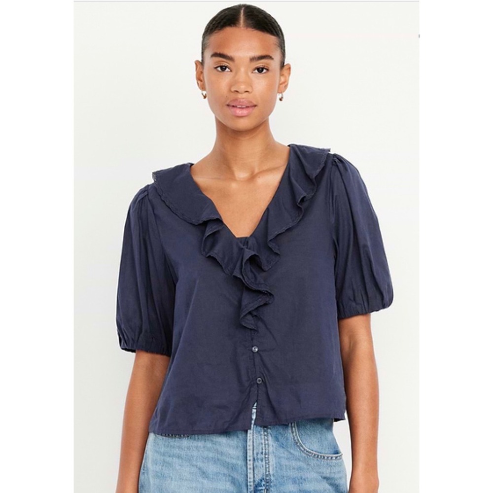 Old Navy Ruffle Collar Button-Down Top Womens Large Navy Blue Cotton Blouse NWT